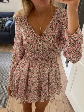 Zara Floral Chiffon Long Sleeve Ruffle Midi Dress White Pink Size Small